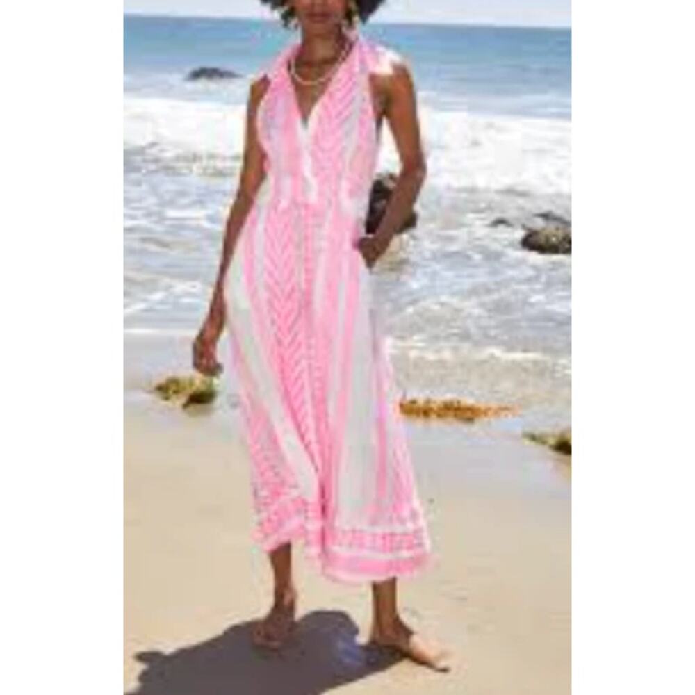 Just Bellina Aztec Hot Pink Sleeveless Linen Dress, Collar & Belt, Large